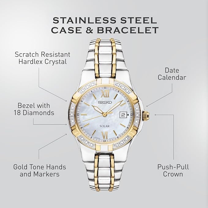 SEIKO SUT068 Watch for Women - Diamond Collection - with 18 Diamond Accents, Solar Power, Mother-of-Pearl Dial, Two-Tone Gold Stainless Steel Case & Bracelet, and Water-Resistant to 50m