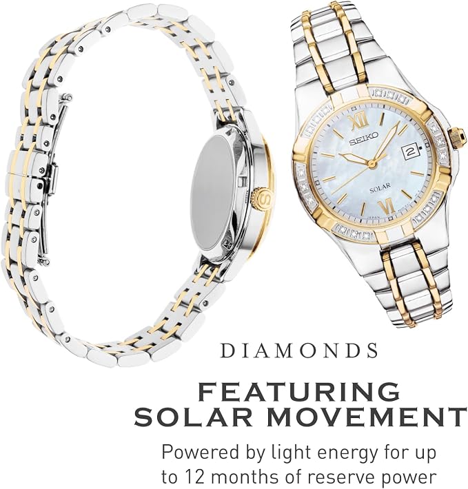 SEIKO SUT068 Watch for Women - Diamond Collection - with 18 Diamond Accents, Solar Power, Mother-of-Pearl Dial, Two-Tone Gold Stainless Steel Case & Bracelet, and Water-Resistant to 50m
