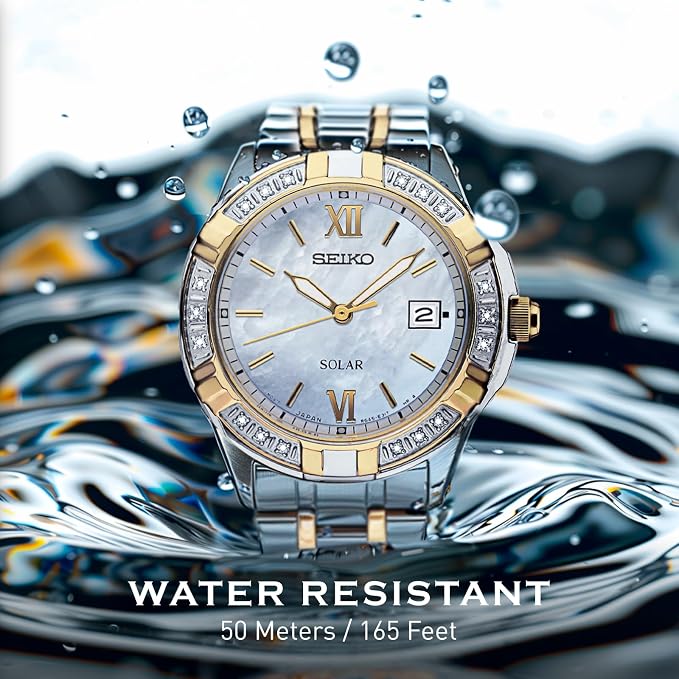 SEIKO SUT068 Watch for Women - Diamond Collection - with 18 Diamond Accents, Solar Power, Mother-of-Pearl Dial, Two-Tone Gold Stainless Steel Case & Bracelet, and Water-Resistant to 50m