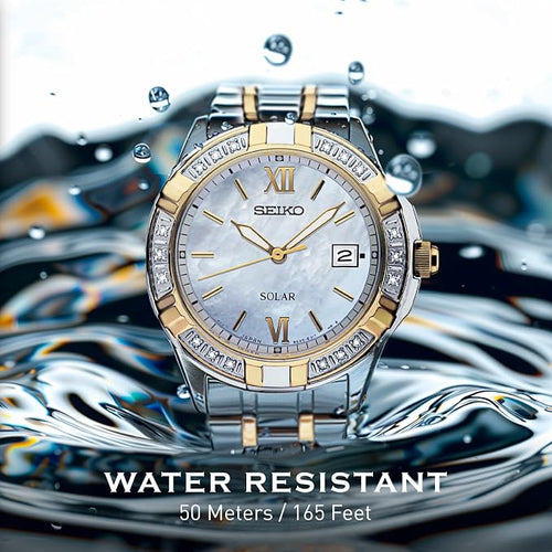 SEIKO SUT068 Watch for Women - Diamond Collection - with 18 Diamond Accents, Solar Power, Mother-of-Pearl Dial, Two-Tone Gold Stainless Steel Case & Bracelet, and Water-Resistant to 50m