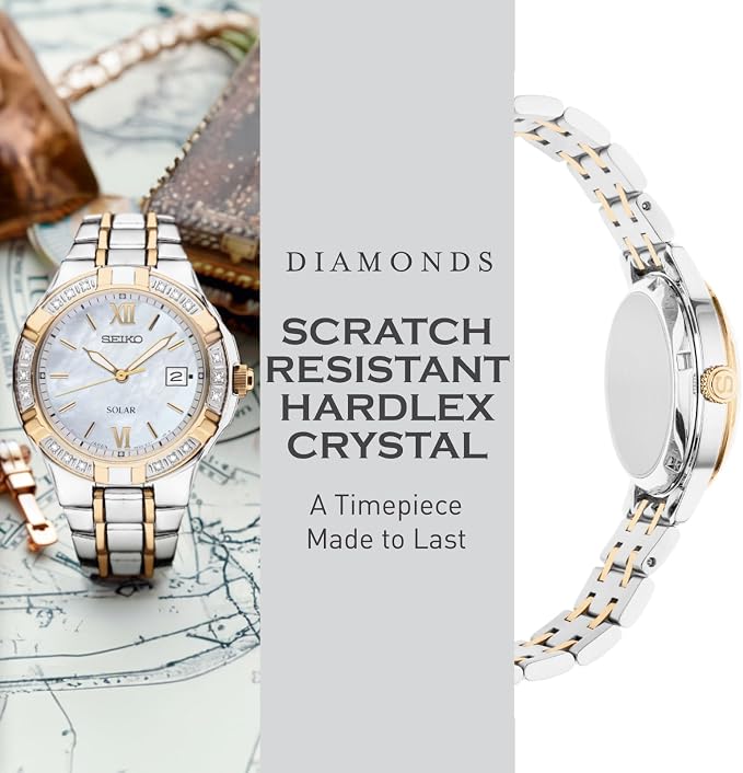 SEIKO SUT068 Watch for Women - Diamond Collection - with 18 Diamond Accents, Solar Power, Mother-of-Pearl Dial, Two-Tone Gold Stainless Steel Case & Bracelet, and Water-Resistant to 50m