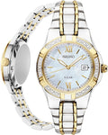 SEIKO SUT068 Watch for Women - Diamond Collection - with 18 Diamond Accents, Solar Power, Mother-of-Pearl Dial, Two-Tone Gold Stainless Steel Case & Bracelet, and Water-Resistant to 50m