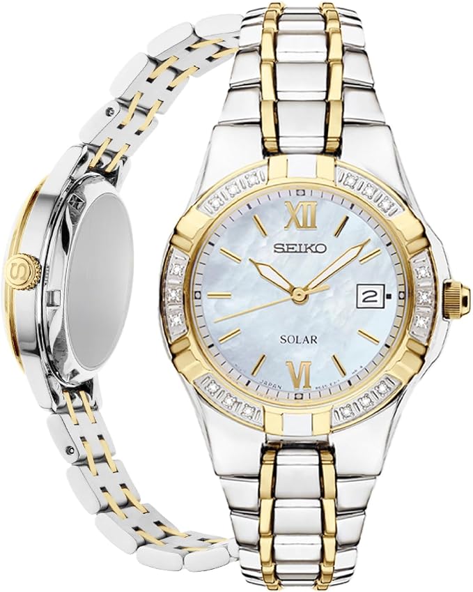 SEIKO SUT068 Watch for Women - Diamond Collection - with 18 Diamond Accents, Solar Power, Mother-of-Pearl Dial, Two-Tone Gold Stainless Steel Case & Bracelet, and Water-Resistant to 50m